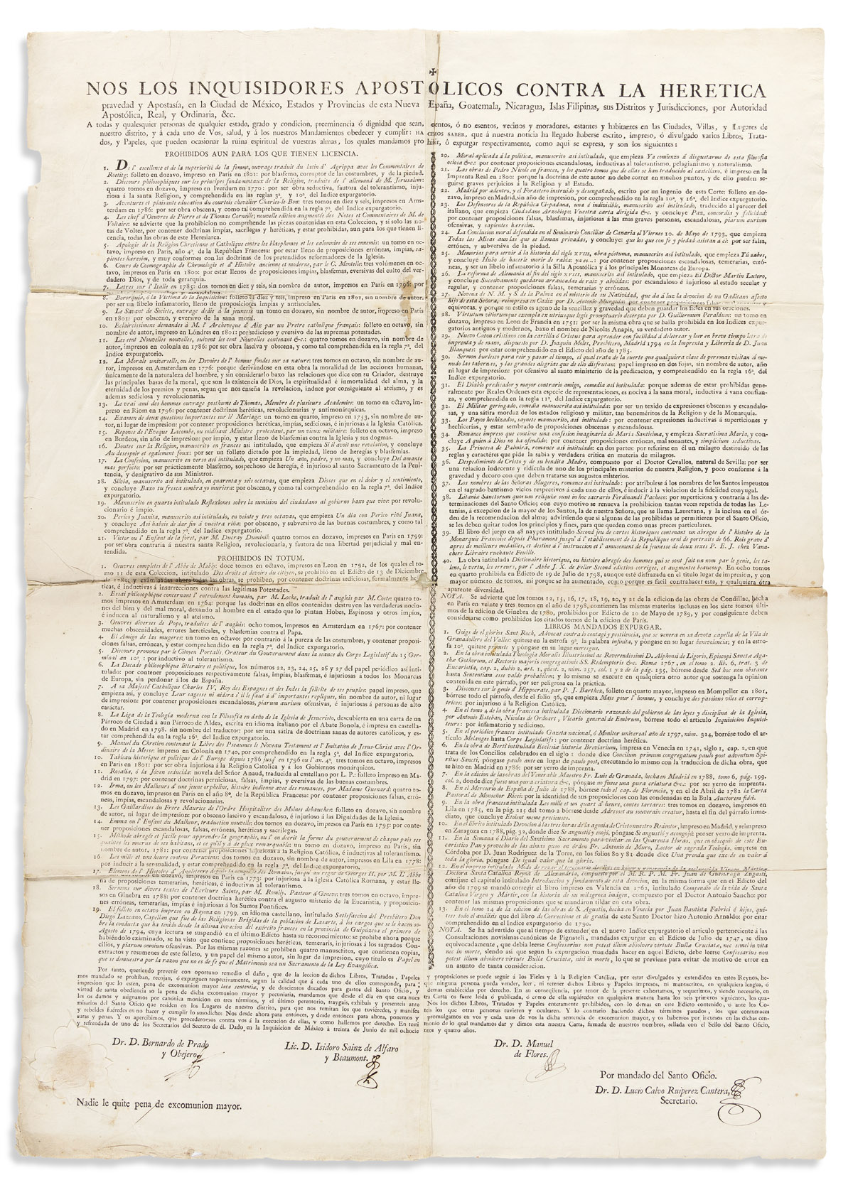 (MEXICAN IMPRINT--1804.) Decree by the Inquisition banning or restricting 74 books.